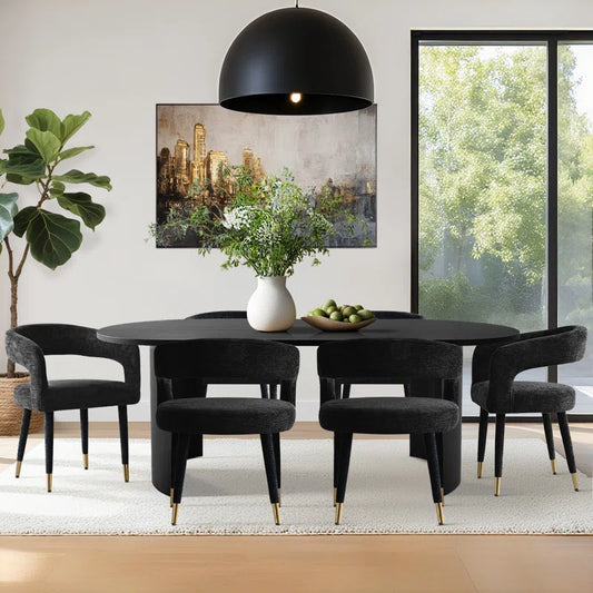 7 Piece Modern Dining Set with 79" Oval Table and Upholstered Chairs