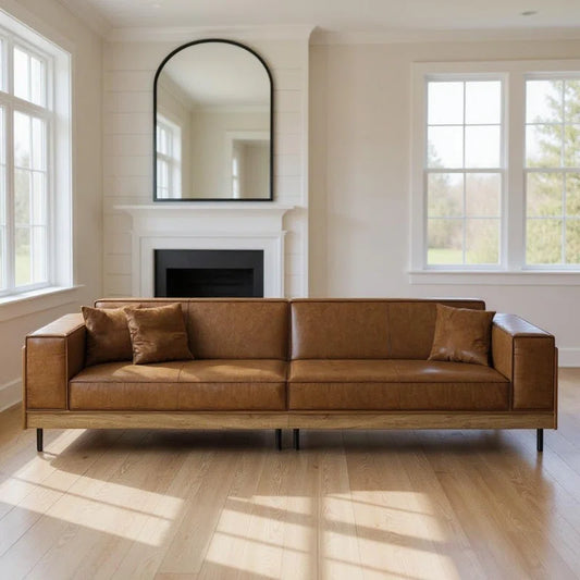 111.8'' Mid Century Modern 4 Seat Leather Sofa with Wide Armrests