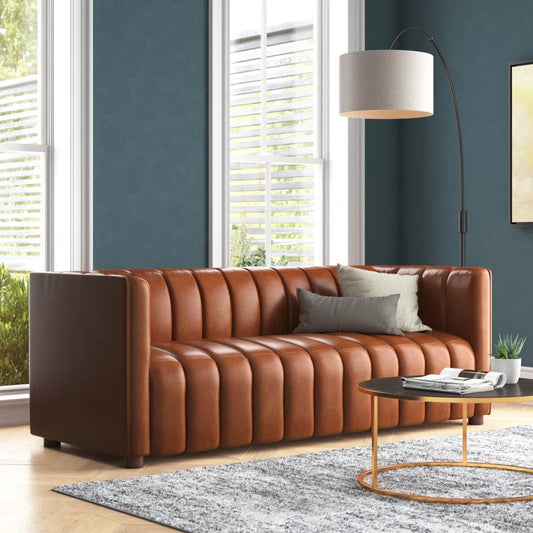 Anorea 83'' Genuine Leather Channel Tufted Sofa