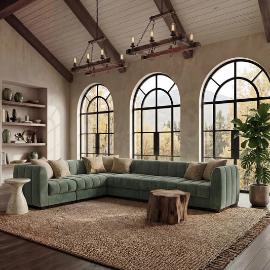 6 Piece Chenille Sectional, L-Shaped Deep Seat Sofa with Wood Base