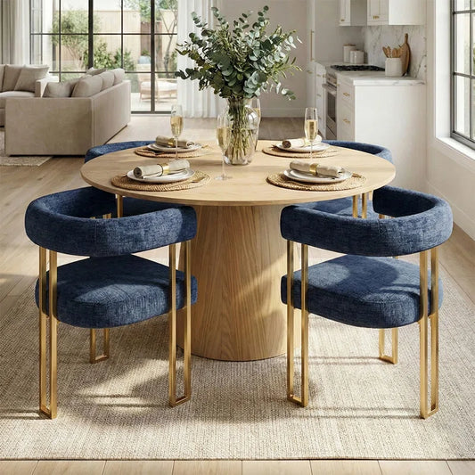 Bingham 4 Seat Dining Table Set with 52'' Round Table & 4 Upholstered Chenille Gold Chairs
